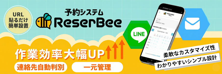 ReserBee 予約システムの広告バナー。蜂のロゴと LINE／メールアイコン、作業効率大幅UP と 一元管理の文言を表示。