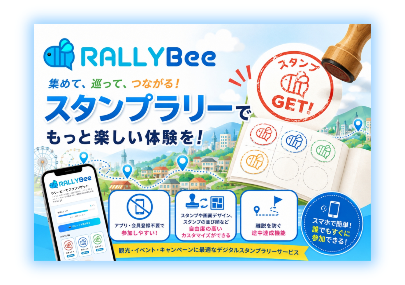 RALLYBeeのスタンプラリーを紹介するカラフルな広告バナー。スマホとスタンプ帳、地図のマッピングが描かれている。